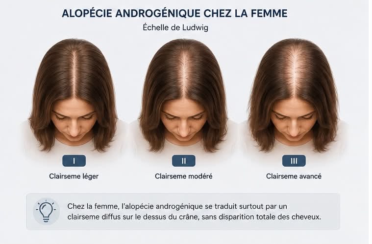Illustration des trois stades de l’alopécie androgénique chez la femme selon l’échelle de Ludwig, du clairsemage léger au clairsemage avancé.