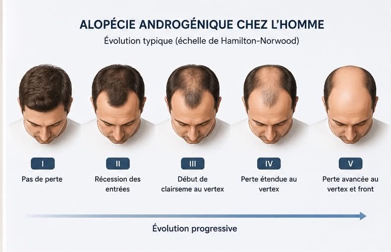Illustration de l’évolution typique de l’alopécie androgénique masculine selon l’échelle de Hamilton-Norwood, de l’absence de perte à une perte avancée au vertex et au front.