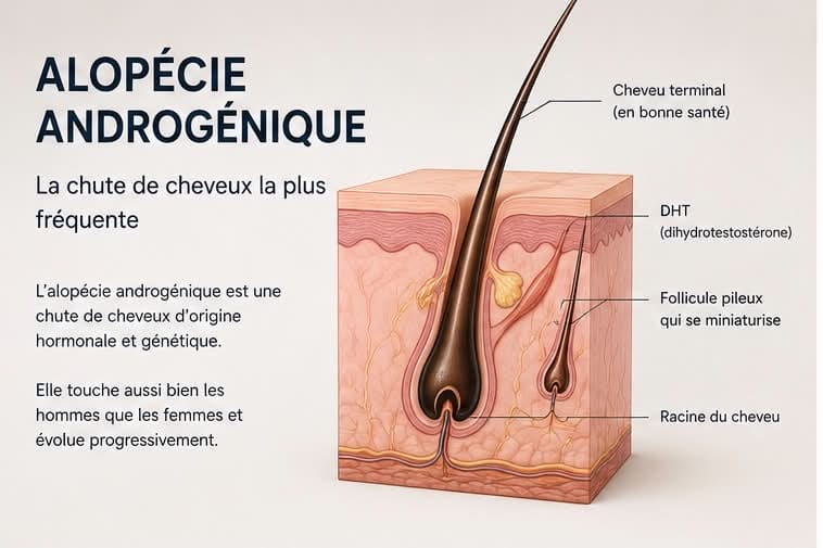 miniaturisation du follicule. Il rend la partie scientifique plus accessible. Schéma explicatif de l’alopécie androgénique montrant l’action de la DHT sur le follicule pileux et la miniaturisation progressive du cheveu.